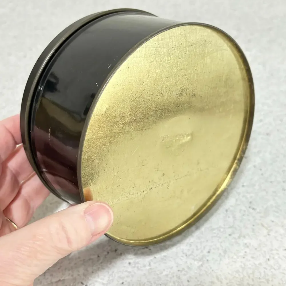 Vintage candy cookie biscuit tin black & gold peacock motif Art Deco storage